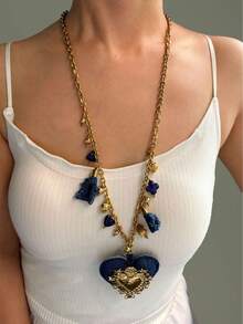 Women's Long Demin Fabric Necklace With 3D Heart And Multi Pendants For Fall Winter Gift Holiday - Gold Long Necklace - View 3