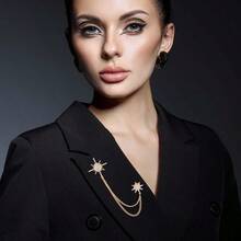 Silver Rhinestone Star Brooch For Women Crystal Snowflake Brooch Lapel Pins Fashion Broach Pin Dress Suit Accessories With Tassel Chain Clothing Clip Broach For Women Men - Vàng - Xem 3