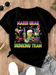 Mardi Gras Drinking Team Party Shirt Festive Costume T-Shirt With Beer Cocktail And Mask Design For Carnival Celebration - màu đen - Xem 2