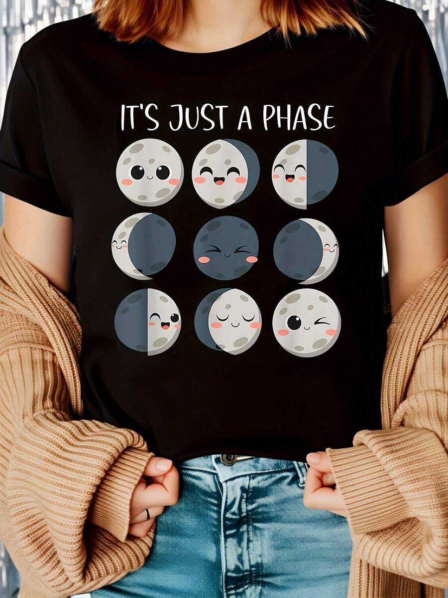 Science Teacher Moon Phases Scientist Back To School 1 Pcs Women's Plus Size T-Shirt Funny Oversized Graphic Short Sleeve Tee Novelty 100% Polyester Shirt Casual Crew Neck Top 220g - Black - View 1