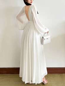 YeonC 长袖性感V领纯色修身长裙