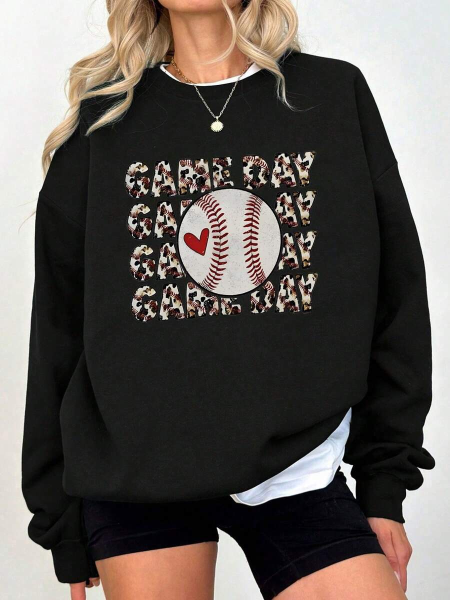 Womens Baseball Graphic Print Round Neck Sweatshirt Vibrant Red Casual (2) - màu đen - Xem 1