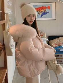 Women's Korean-Style Short Down Jacket, Fashionable For Fall And Winter, Cute, With Collar, Polyester, Slimming, Fur Collar, And Padded Lining For Warmth And Comfort. - Pink - View 3