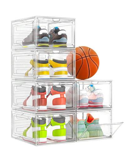 6 Pack Shoe Storage Box, Clear Plastic Stackable Shoe Organizer For Closet, Space Saving Foldable Shoe Rack Sneaker Container Bin Holder