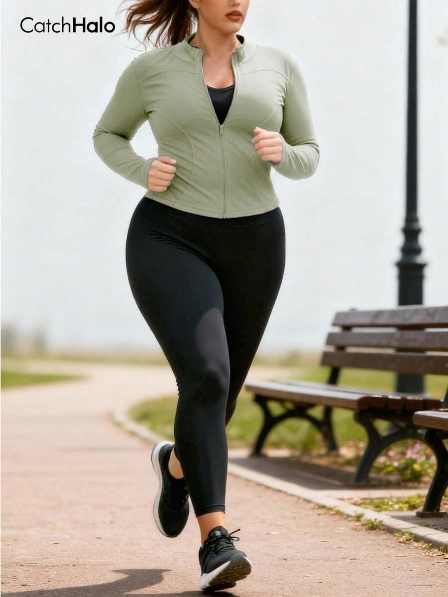 Plus Size Women's Activewear Jacket With Thumb Holes, Funnel Neck, Light Green, Suitable For Yoga, Gym, Running, Cycling, Everyday Wear Spring - Màu xanh Bạc hà - Xem 1