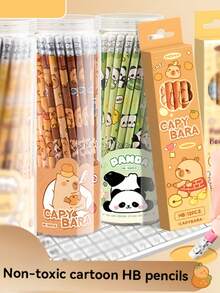 12支/盒卡通水豚图案HB铅笔带橡皮擦，必备文具礼盒套装，可擦铅笔，学习用品，学生铅笔，学习配件 - 彩色 - 查看 3