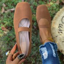 女士休闲系带方头玛丽珍平底鞋，针织，软底，春夏 - 棕色光板 - 查看 9