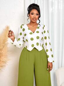 BIUBIU Damen Große Größen Herbst und Winter Pendler Alltags Lässig V-Ausschnitt Langarm Asymmetrischer Saum Kontrast Polka Dot Top und Taille gerade Hose Zweiteiler Set