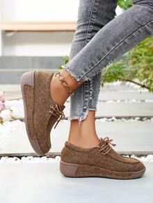 女士纯色系带平底便鞋，适合娇小身材的厚底增高休闲运动鞋，男女皆宜的百搭鞋款 - 棕色 - 查看 3