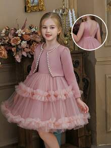 2pcs/Set Young Girl Beaded Tulle Mesh Party Dress, Elegant Princess Dress Flower Girl Dress For Special Occasions, Festivals, Formal Events, Costume Party, Birthday - 粉色 - 查看 7