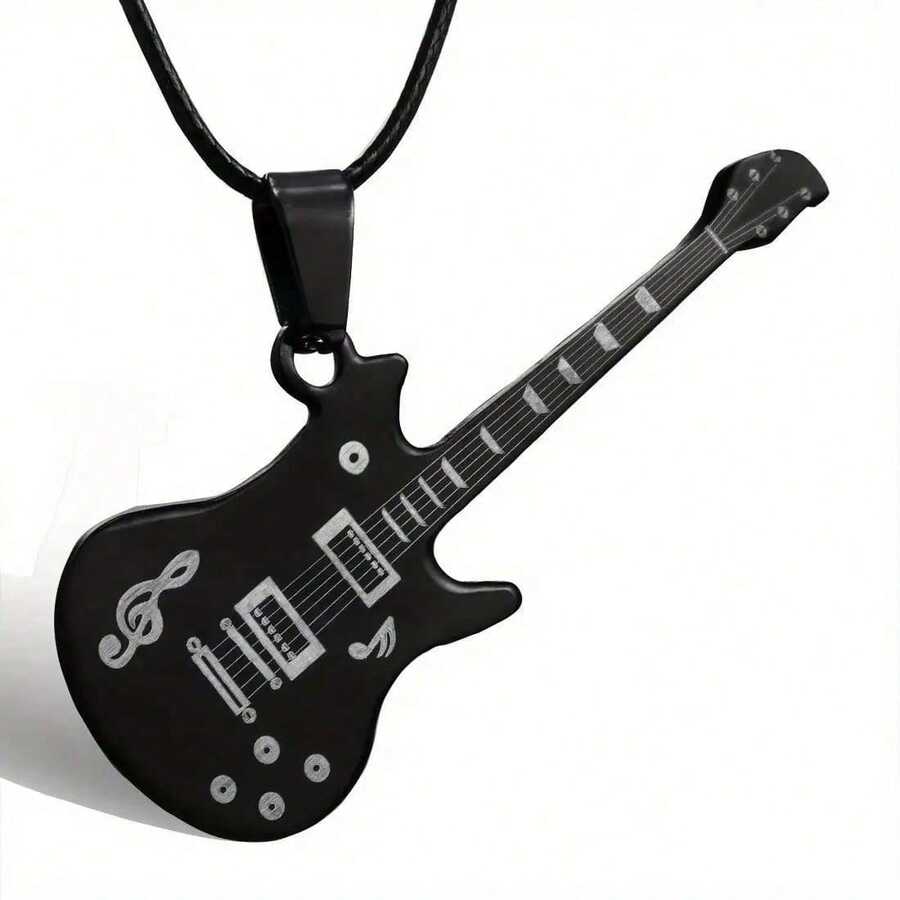 Music Note Guitar Pendant Necklace Men's Stainless Steel Necklace - màu đen - Xem 1