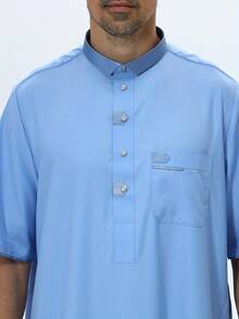 AL HARAMAIN 2025 Qatar Thobe Latest Hot Selling Premium Men's Arabic Robe, Soft Non-Pilling Fabric, Fashionable Short Sleeve Mandarin Collar Four-Button Design, Men's Prayer Robe, Machine Washable, Suitable For All Seasons And Formal Religious Occasions | Round Neck Design | Smooth Texture | Men's Formal Wear Men's Traditional Arabic Robe, Qatar Design