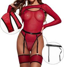 Women's Sexy Mesh Bodysuit, Long Sleeve Shrug Top Cami Jumpsuit With Garter Belts And Leg Rings For Rave, Nightclub - 酒紅色 - 查看 3