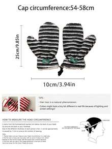 Thermal Lined Striped Fingerless Gloves With Ear Muffs, Warm And Cute Winter Set For Girls Plush Striped Fingerless Gloves With Ear Muffs, Warm And Fashionable Winter Set - Lambswool-lined Gloves - View 3