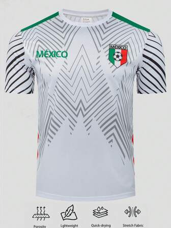 Mexico 1pc Men's Soccer Jersey - Sporty Style, Slim Fit, Geometric Pattern, Polyester Material, Comfortable & Breathable, Round Neck, For Daily Wear/Sports/Football Training & Casual Outings, Suitable For Adults & Teens