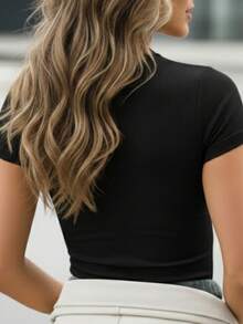 Women's Short-Sleeve Baby Tee T-Shirt, Fitted, Ribbed, Basic, For Everyday Wear, Work, Travel - màu đen - Xem 4