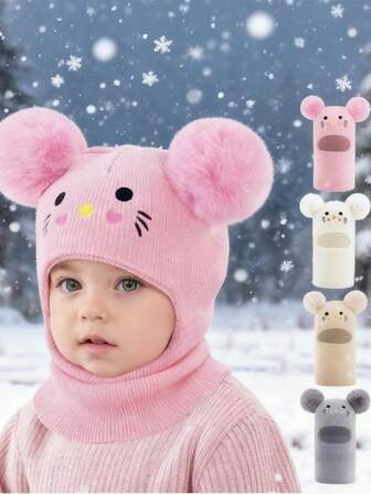 幼儿刺绣卡通猫咪针织保暖帽，婴儿帽，男女宝宝适用，秋冬季