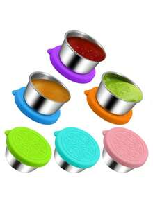 6pcs Salad Dressing Containers, Stainless Steel Mini Sauce Cups With Leak-Proof Silicone Lids, Stainless Steel Dipping Dishes With Leak-Proof Silicone Lids, Portable Sealed Bowls For Lunch Box, Picnic And Travel - Multicolor - View 10