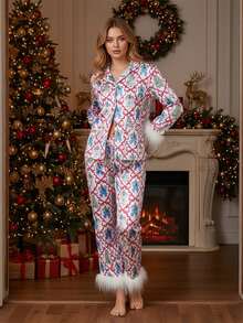 Womens 2 Piece Christmas Pajama Set Long Sleeve Bow Print Shirt + Pants Set Loungewear - Blanco - Ver 2