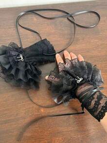 1 Pair Women's Spring/Summer Lolita Style Ruched Edge Lace Cuffs, Sweet Ballerina Fashion Elegant Vintage Sexy Ribbon Cuff Sleeves' - 黑色 - 查看 4