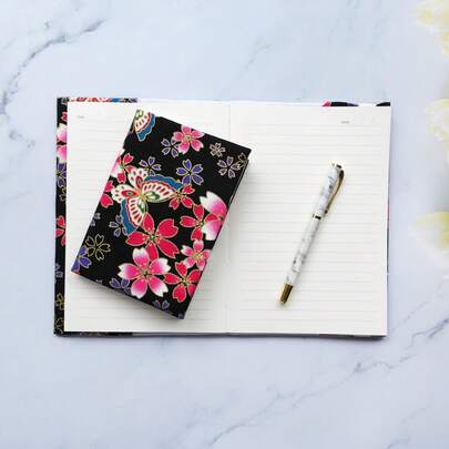 1 pièce Couverture de livre en tissu avec fond noir et papillon, étui de protection pour agenda/journal, fournitures de bureau, avec 1 feuille d'autocollants en tissu pour index offerte