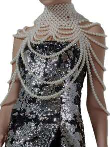 1pc Handmade Woven White Faux Pearl Necklace, Unisex Body Chain, Women's Beaded Necklace, Fashion Jewelry For Wedding, Party, Carnival, Runway Show, Gift - White - View 7