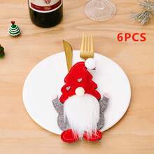 6 piezas Portacubiertos Navideño - Organizador de cubiertos de tela con diseño de Papá Noel y enanito con acentos en forma de corazón, con patrones a rayas rojas y blancas y de lunares, para decoración navideña de la mesa, decoración de mesa navideña, cubiertos no incluidos - Multicolor - Ver 11