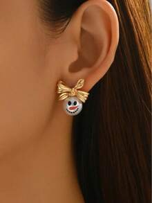 1 Pair Golden Bow Exquisite Snowman Dangle Earrings - Faux Pearl, Rhinestone Snowflakes, Tassel Accents, Christmas Style, Xmas Holiday Gift, Ear Jewelry With Dangle Design, Festive Holiday Accessories - Multicolor - View 4