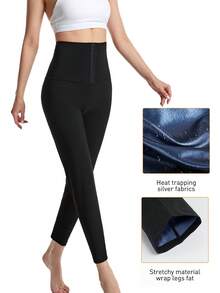 1pc Women's Solid Color Full Coating Sauna Sports Pants, High Waist Butt Lifting Sexy Fitness Leggings, Waist Training Slim Fit Workout Pants, Butt Lifting Sauna Shaping Zipper Ankle Length Pants, Women Weight Loss Slim Fit Sports Leggings With Abdominal Control, Ideal For Curvy Girls, Create Perfect Figure (PU Coating) Spring - Blue - View 2