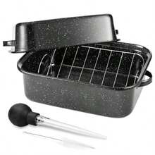 21Inch Extra Large Rectangle Roasting Pan With Rack For Baking Turkey 25lb Capacity VRack Design Versatile Lid Ideal For Large Roasts Efficient Bone Turkey Baster Perfect For Holiday Meals And Family Gatherings - màu đen - Xem 1