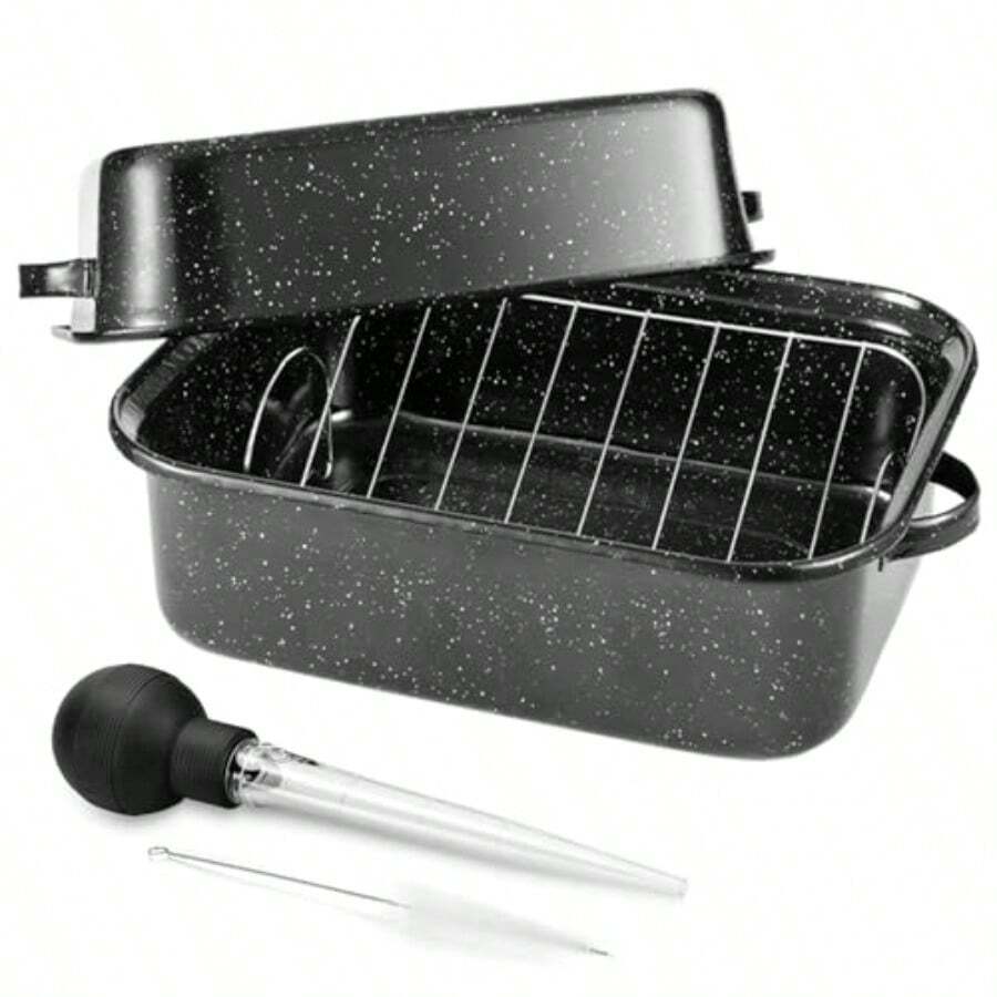21Inch Extra Large Rectangle Roasting Pan With Rack For Baking Turkey 25lb Capacity VRack Design Versatile Lid Ideal For Large Roasts Efficient Bone Turkey Baster Perfect For Holiday Meals And Family Gatherings - màu đen - Xem 1