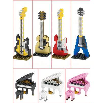 1 set de blocuri de construcție pentru instrumente muzicale, obiecte muzicale de colecție, decorațiuni pentru festivaluri de muzică, decor de birou pentru iubitorii de muzică, inclusiv bas electric, chitară, vioară și pian. Cadou de Ziua Îndrăgostiților, cadou de ziua de naștere. Set cutie cadou cu 10 piese, care conține peste 1000 de blocuri de construcție. Chitară, set de blocuri de construcție.