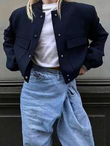 Women's Fashion Short Baseball Collar Long Sleeve Woven Fabric Casual Top