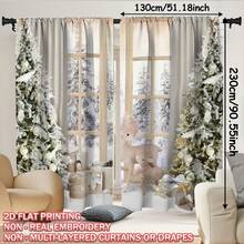 2pcs Christmas, Christmas Tree, Reindeer Plush Decor, Flat Print Voile Curtains, Rod Pocket Top, Quality Polyester Fabric, Thick & Durable, Washable, Fade-Resistant, Warm & Cute Christmas Home Decor, Suitable For Bedroom, Living Room, Kitchen, Office, Party