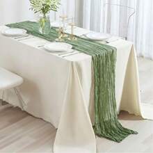 10条鼠尾草绿麻布桌旗，波西米亚农舍风格桌旗，适用于婚礼、婴儿派对和节日装饰 - 綠色 - 查看 4