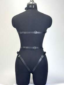 一套女士内衣套装，包括连体衣、皮质胸罩、束缚带、大腿吊袜带、臀部束缚带、私密配饰、万圣节服装 - 黑色 - 查看 7