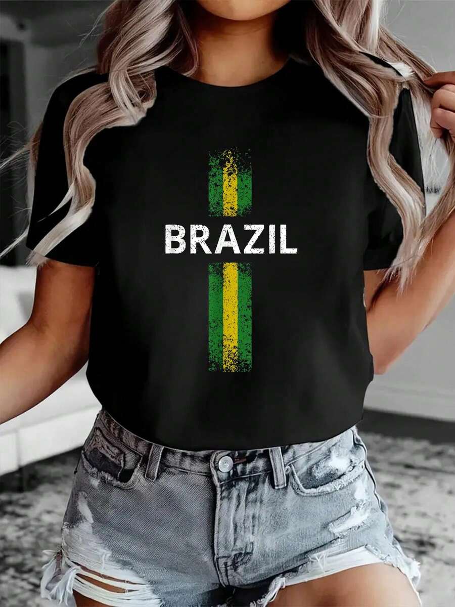100% Cotton Women Christmas T-Shirt Brazil Jersey Football Brazilian Brazil National Pride T-Shirt Print T-Shirt Casual Crew Neck Short Sleeve Comfort Tee Top For Spring & Summer Women's Clothing - 黑色 - 查看 1