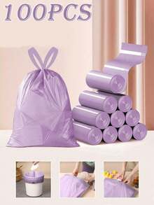 100个紫色抽绳垃圾袋，高品质塑料垃圾袋，彩色垃圾袋，适用于厨房、浴室、卧室、客厅、家庭使用 - 便携式垃圾袋 - 彩色 - 查看 2