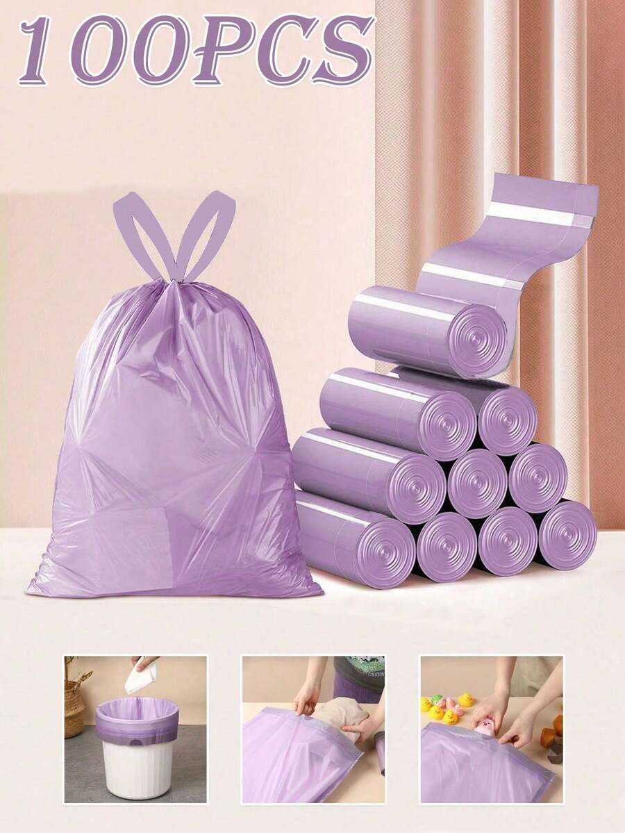 100个紫色抽绳垃圾袋，高品质塑料垃圾袋，彩色垃圾袋，适用于厨房、浴室、卧室、客厅、家庭使用 - 便携式垃圾袋