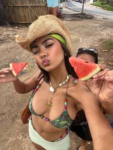 Women's Swimsuit Set, Featuring Backless Crop Top With Geometric Pattern And Tie-Back Design, Paired With Triangle Bikini Bottom, Suitable For Beach Vacation - Green - View 7