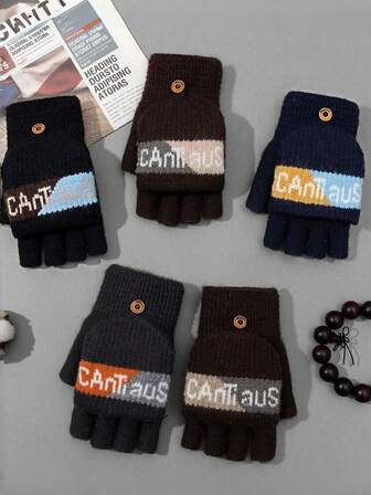 1pair These Men's Knit Convertible Fingerless Gloves With "CAnTiaUS" Lettering Come In Multiple Colors, Offering Warm Functionality And A Stylish Design, Making Them Ideal Cold-Weather Hand Warmer