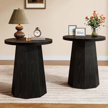Tribesigns Farmhouse Round End Table, Wooden Couch Side Table With Octagonal Base, Black Nightstand Pedestal Accent Furniture For Living Room, Bedroom - 黑色 - 查看 10