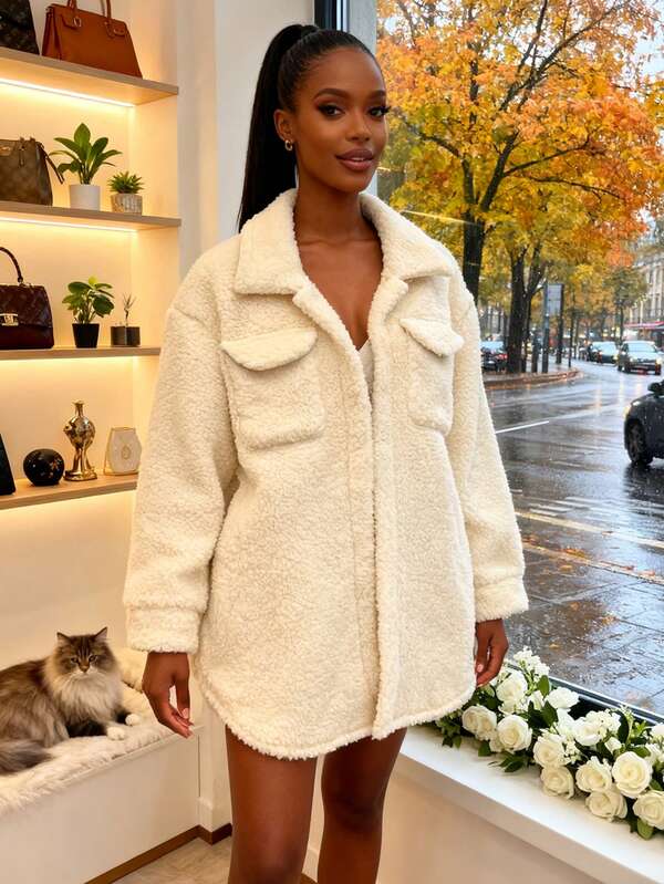 1pc Solid Color Fleece Pocket Jacket, Everyday Wear For Autumn/Winter