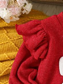 2pcs/Set Baju Bayi Perempuan Kasual Lucu dengan Bordir Pita dan Manset Berkerut, Dipadukan dengan Celana Warna Polos, Pakaian Musim Gugur/Dingin - Burgundy - View 4