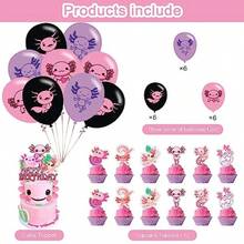 DAxolotl Birthday Decoration - Pink Cartoon Axolotl Kawaii Theme Banner Cake Topper Latex Balloons For Party Plies Baby Shower - Hồng - Xem 3