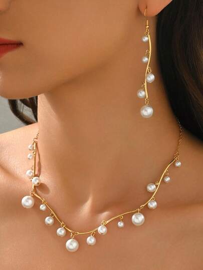 Fashionable & Elegant Metal & Faux Pearl Tassel Jewelry Set, Versatile Necklace & Earrings For Women