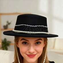 Women Autumn Winter Fedora Hat  Pearl Chain Wool Hat Felt Jazz Hat For Photography - Black - View 1