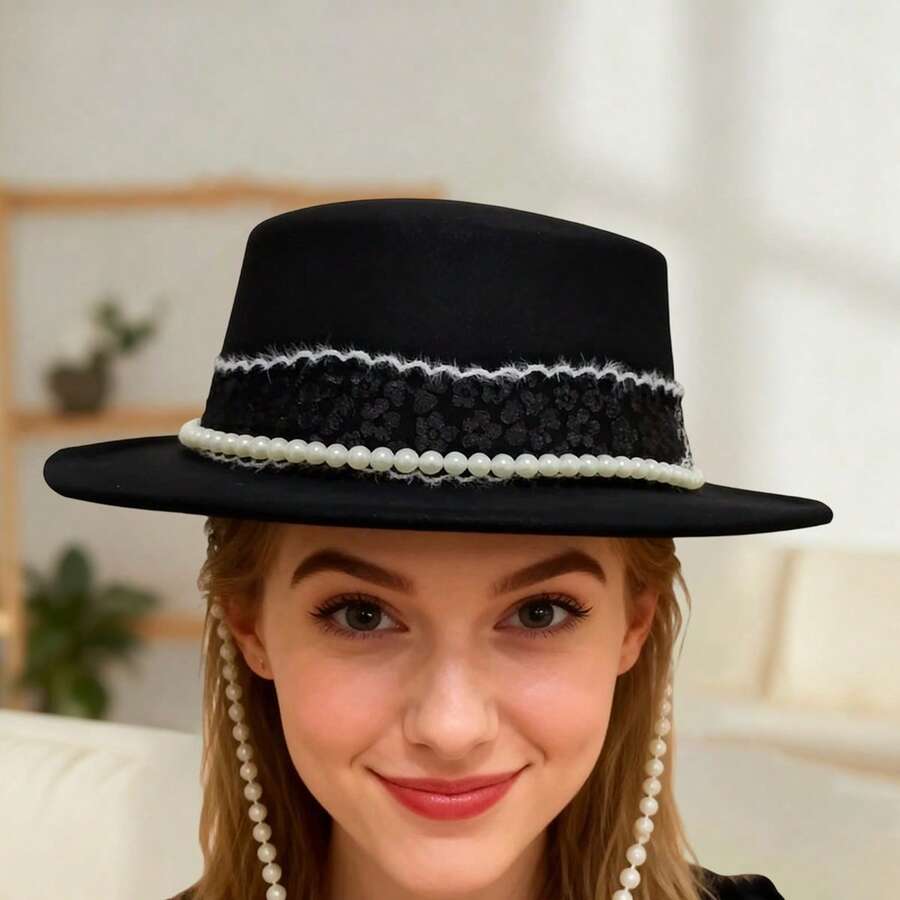 Women Autumn Winter Fedora Hat Pearl Chain Wool Hat Felt Jazz Hat For Photography - Black - View 1