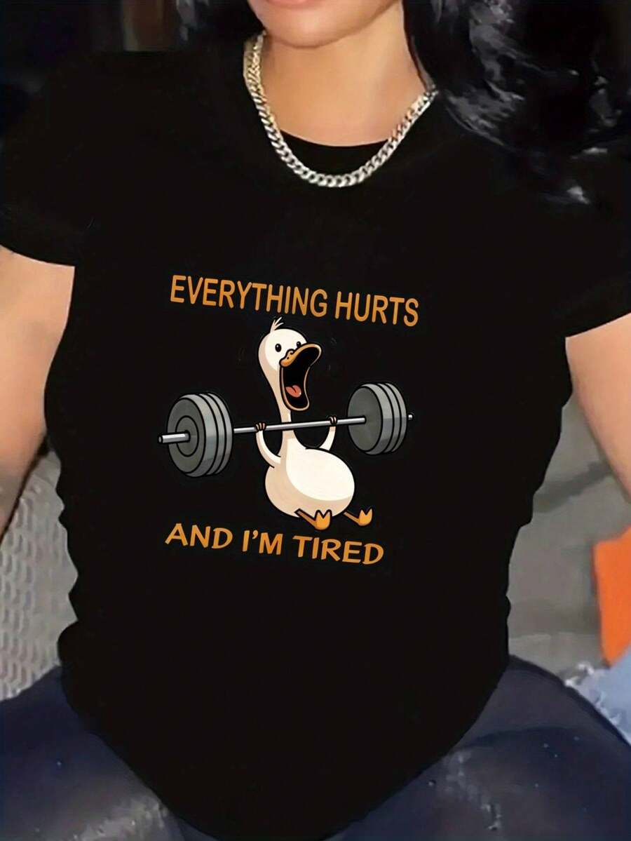 Camiseta deportiva de manga corta, cómoda, transpirable y casual para mujer con estampado gráfico de pato creativo.
