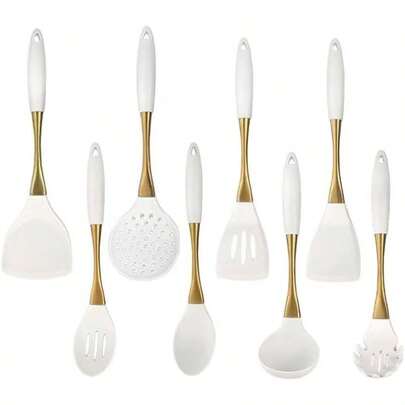 8-Piece White Kitchen Utensil Set With Gold Handles Stainless Steel Cooking Tools For Nonstick Cookware Includes Spatulas Ladle And Spoons Perfect For Home Cooking And Meal Preparation